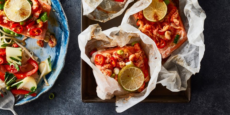 Thaise zalmpakketjes met rivierkreeftjes en paksoi 
