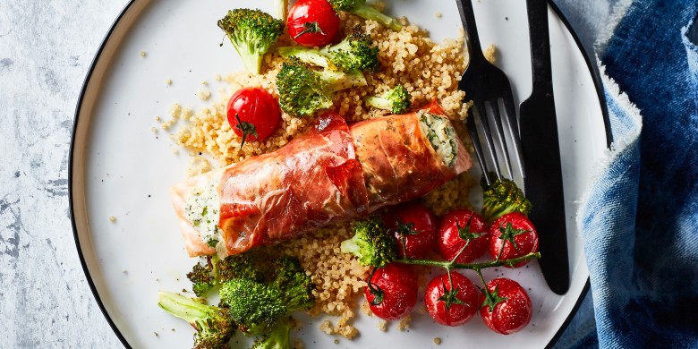 Kruidenzalm met ricotta en rauwe ham 