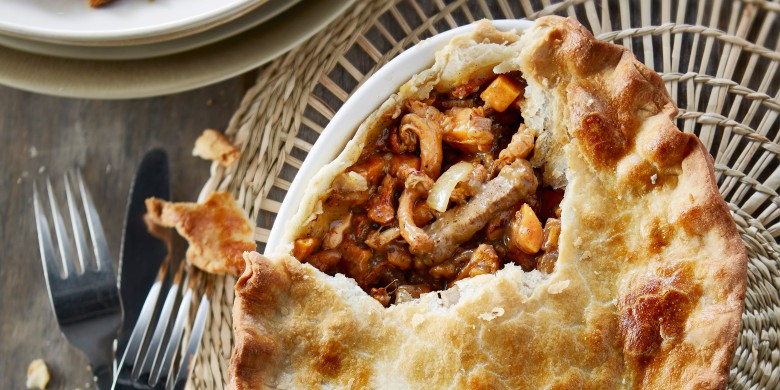 Paddenstoelen-pie met rundvlees en zoete aardappel 