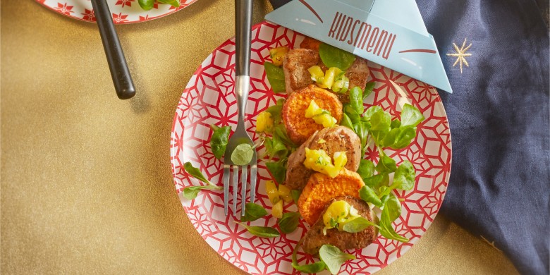 Varkenshaas met gegrilde zoete aardappel en mangosalsa