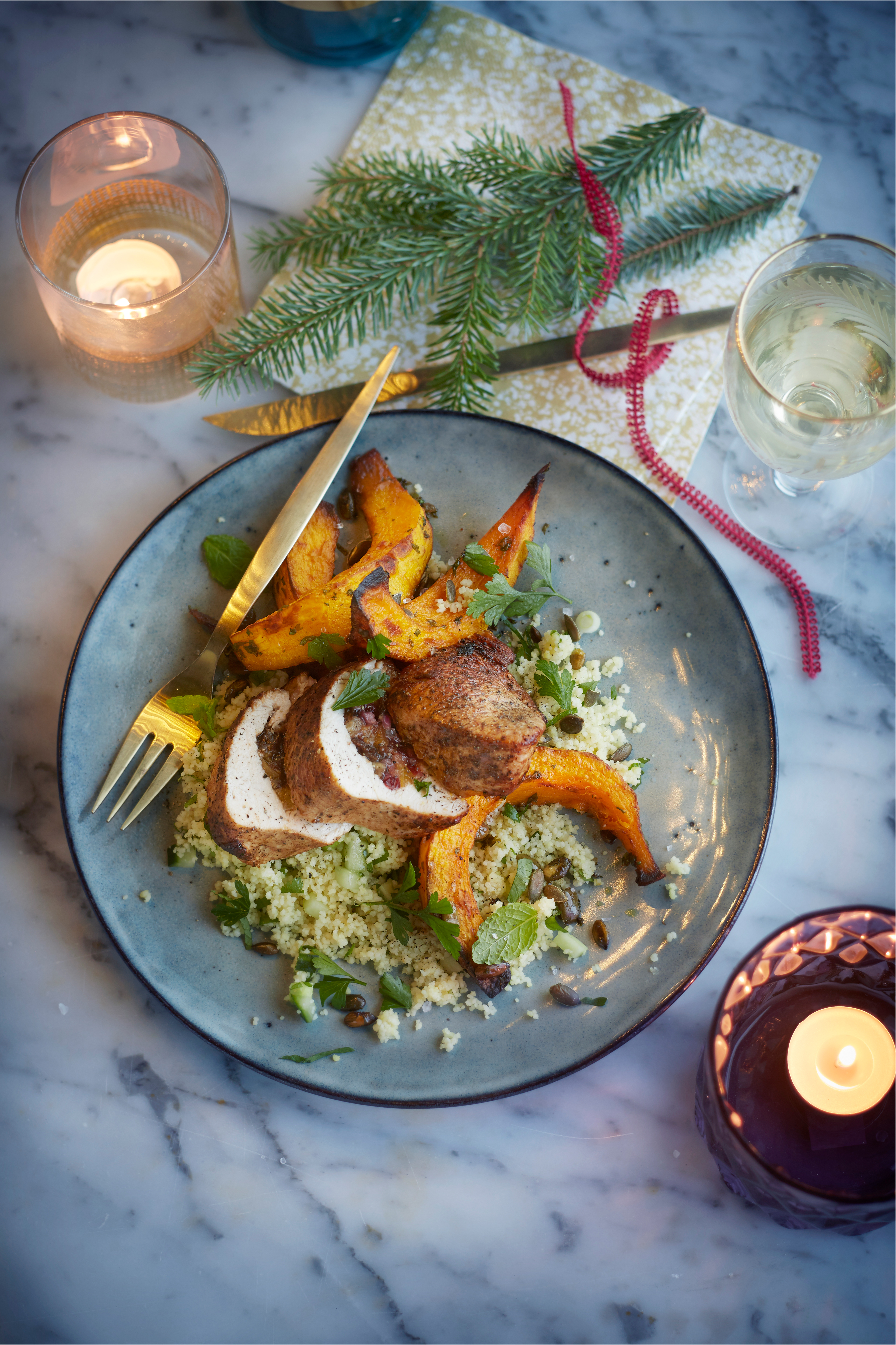 Gevulde kalkoenfilet met geroosterde pompoen en kruidencouscous