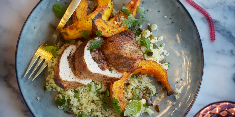 Gevulde kalkoenfilet met geroosterde pompoen en kruidencouscous
