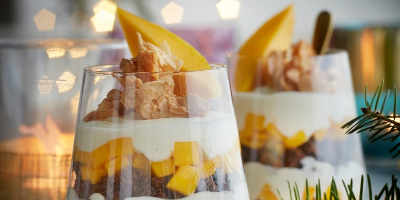 Chocolade-kwarktrifle met mango