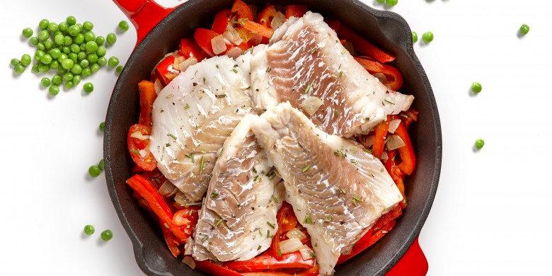 Kabeljauw met paprikasaus op tuinerwtenpuree
