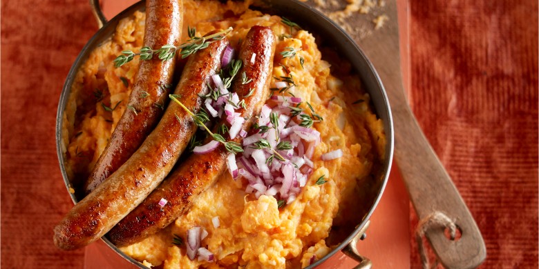 Zoete-aardappelstamppot met knolselderij, appel en tijm 