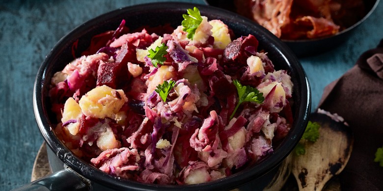 Roze bliksem met krokante parmaham
