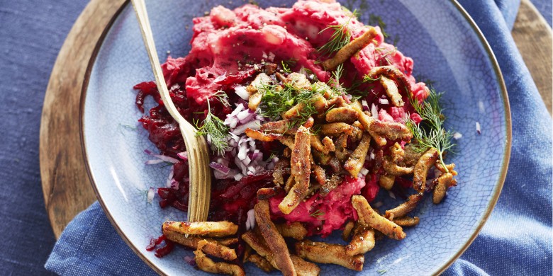 Bietjesstamp met rode ui, dille en shoarma 