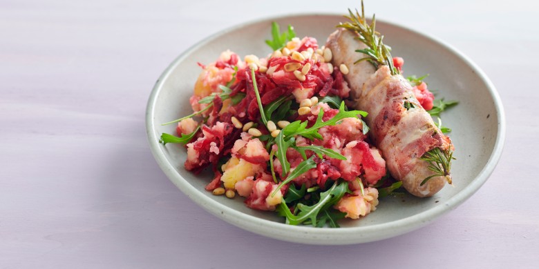 Bietjesstamppot met rucola en worstjes