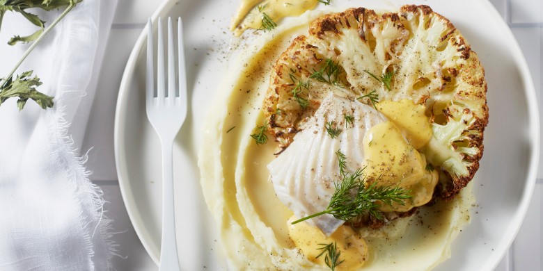 Kabeljauw met geroosterde bloemkool op aardappelmousseline