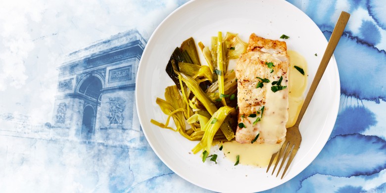 Kabeljauw met beurre blanc en gestoofde prei