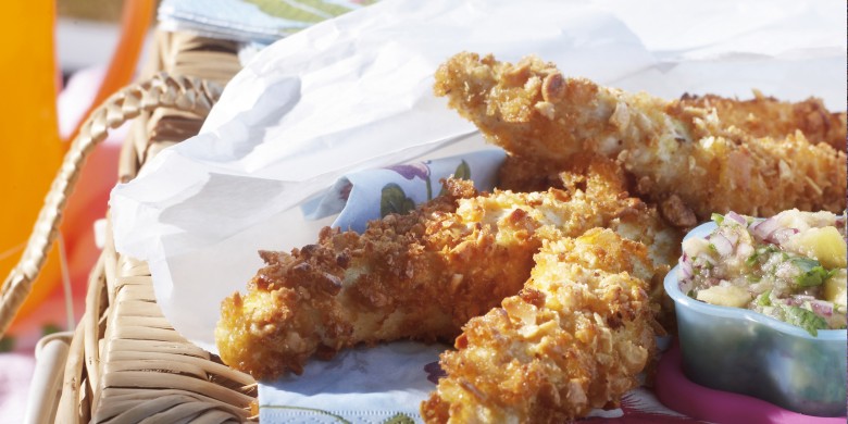 Krokante kipfingers met nectarinesalsa