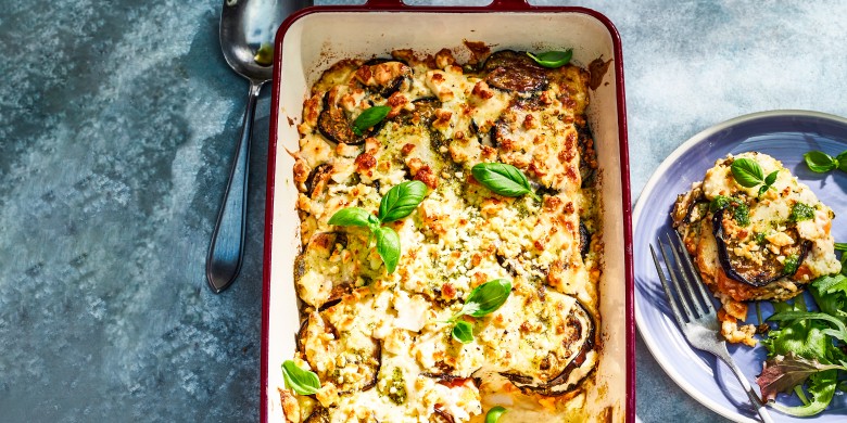 Aubergineschotel met zoete aardappel