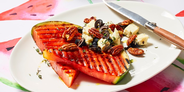 ‘Steak’ van watermeloen met gorgonzola