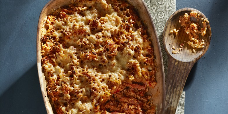 Gegratineerde couscous met ham en tomaat