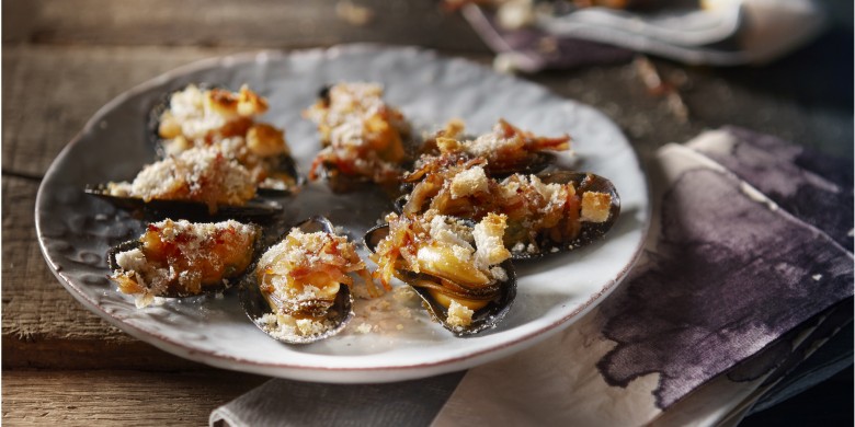 Gegratineerde mosselen met spek