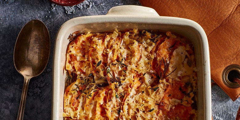 Gratin van zoete aardappel en knolselderij