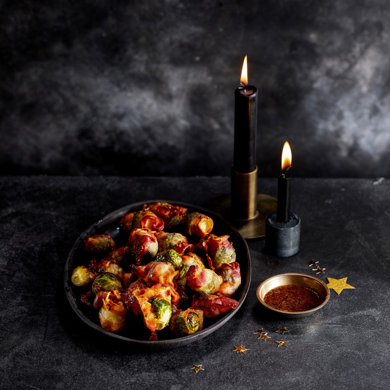 Geroosterde honing-bacon-spruitjes