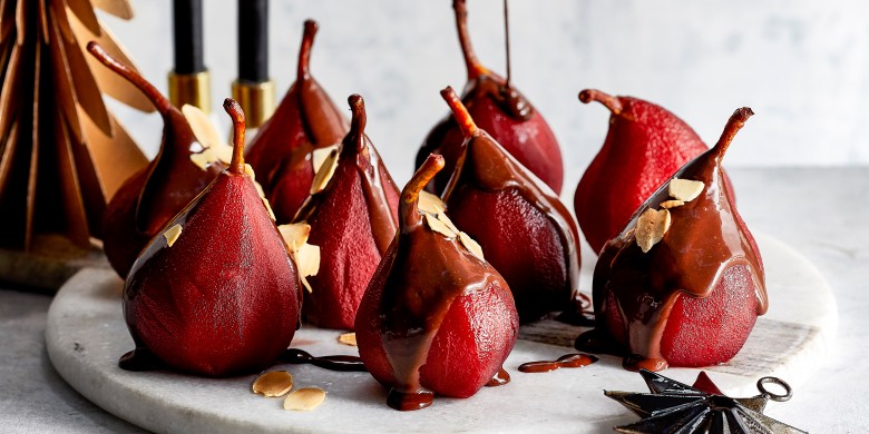In port gestoofde peertjes met chocoladeganache
