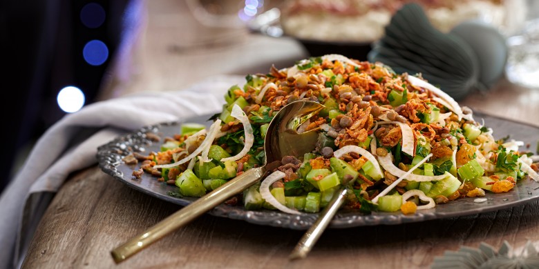 Lauwwarme linzensalade met mosterddressing