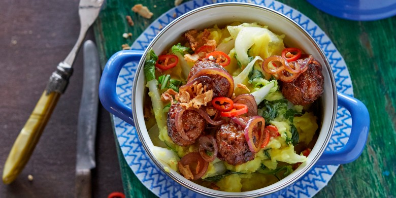 Paksoi-stamppot met vegaballetjes
