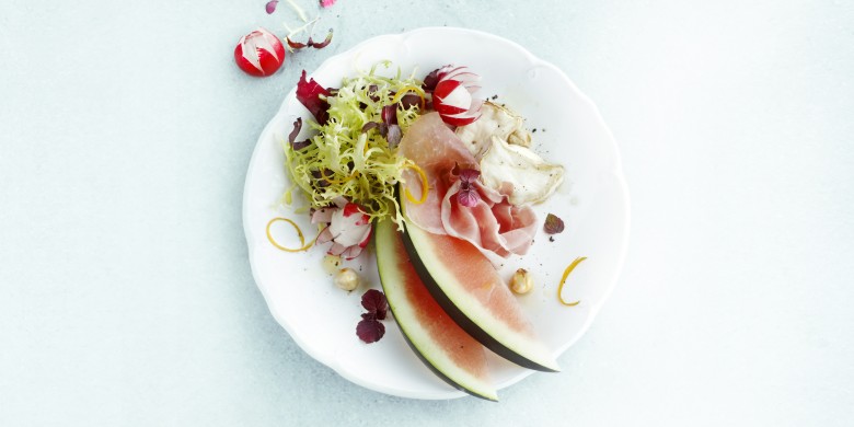 Geitenkaas met parmaham en watermeloen