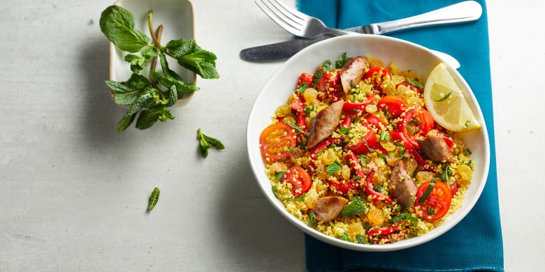 Couscous met gegrilde paprika en runderworstjes