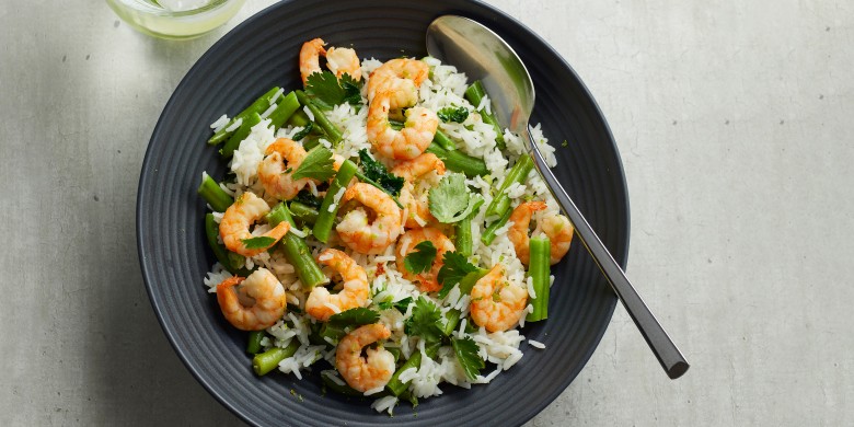Kokosrijst met limoen en garnalen