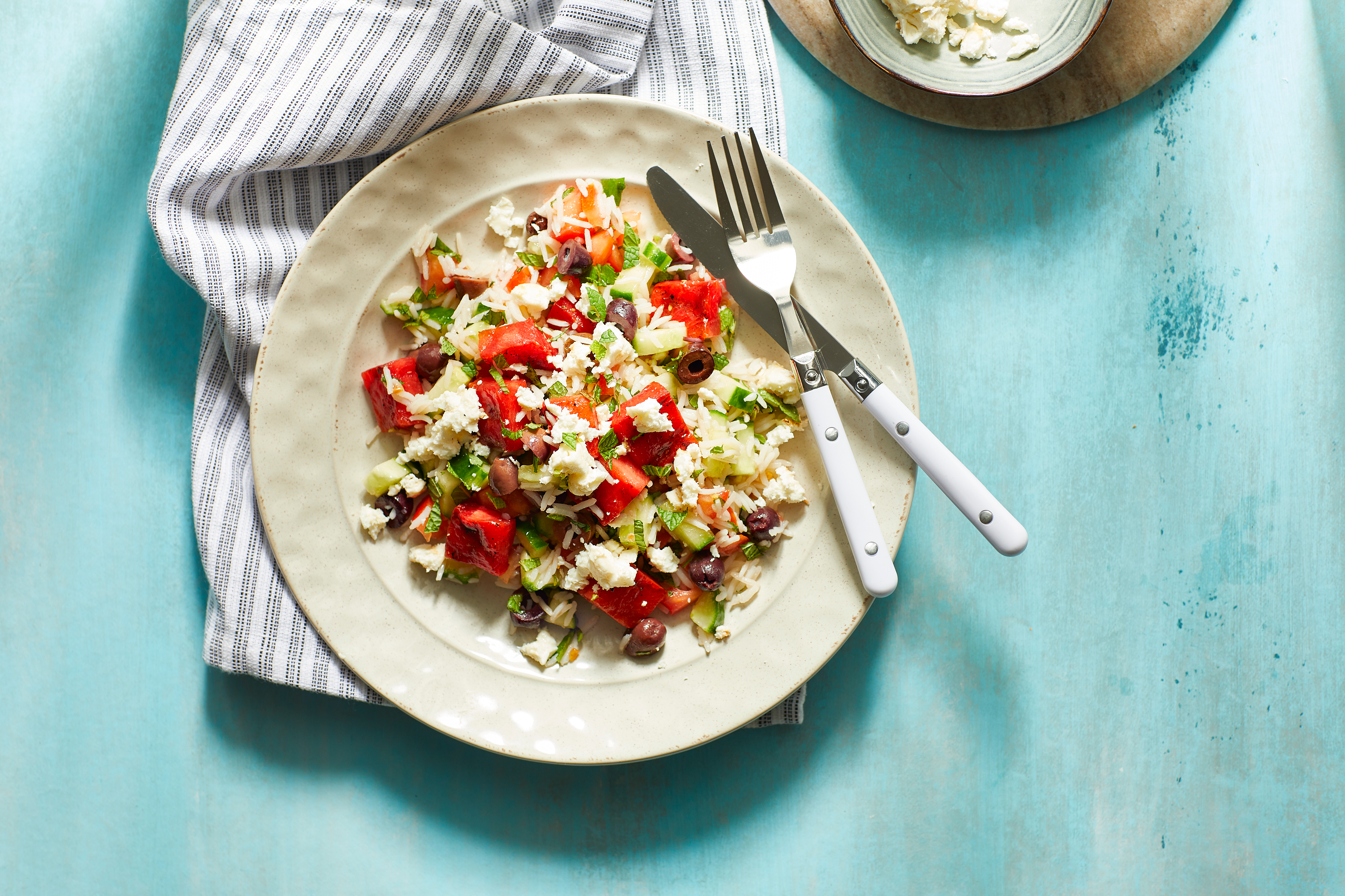 Rijstsalade met gebakken watermeloen en feta