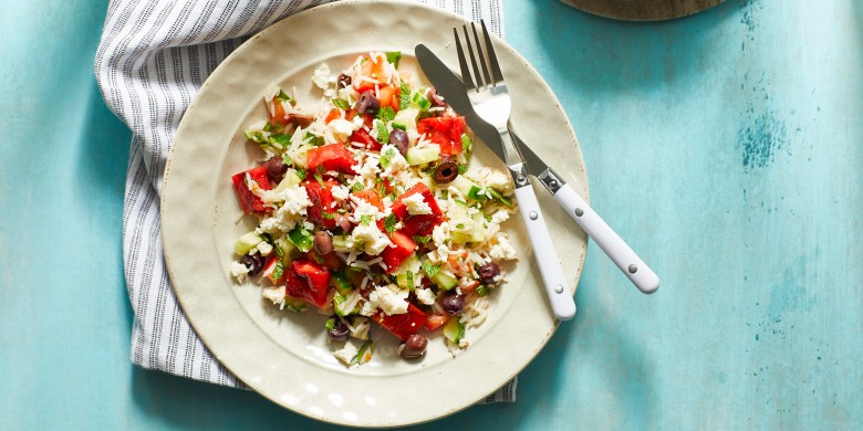 Rijstsalade met gebakken watermeloen en feta