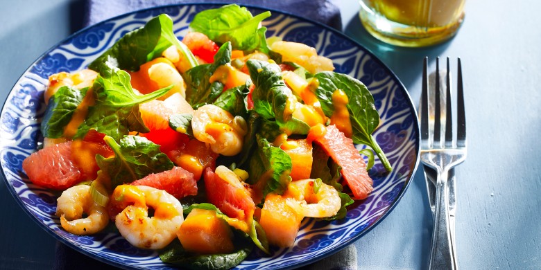 Garnalensalade met meloen en paprikadressing 