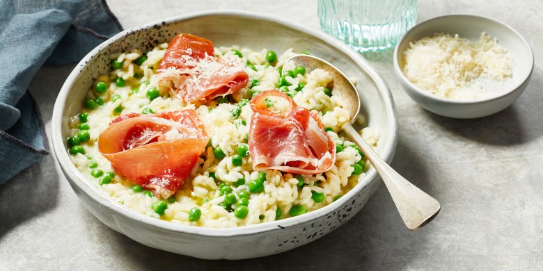 Risotto met doperwten en rauwe ham 