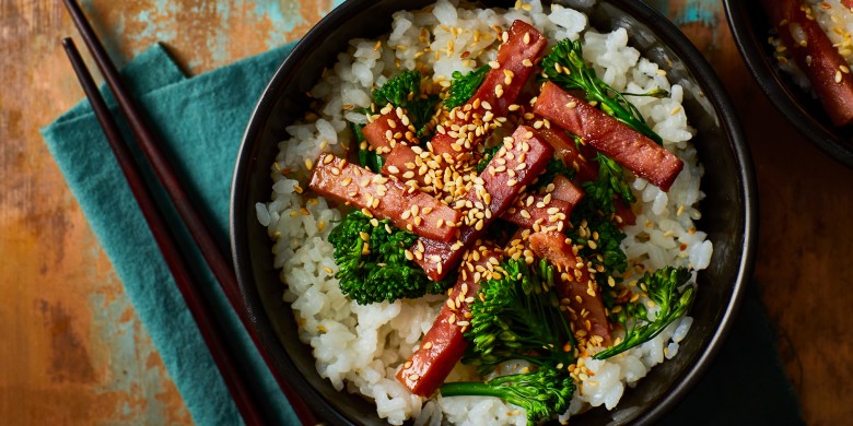 Japanse kleefrijst met zoete ham en bimi 