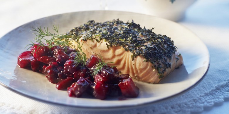 Geroosterde zalm met bietjes-cranberrychutney