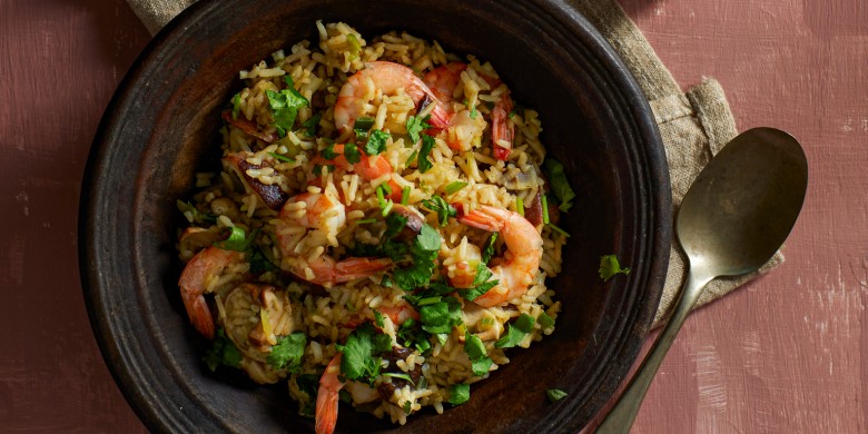 Smeuïge zilvervliesrijst met shiitake en garnalen 