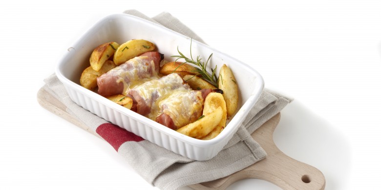 Gevulde hamrolletjes met rozemarijnaardappels
