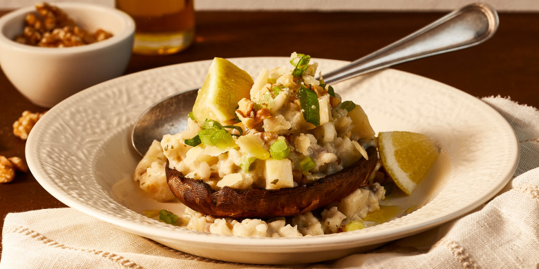 Geroosterde portobello met knolselderijrisotto en walnoten