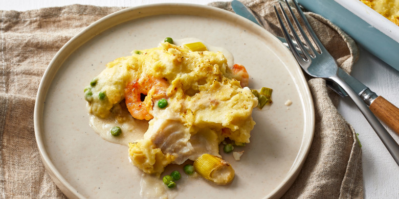 Vispotje met doperwten en aardappelpuree 