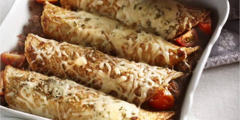 Gevulde volkorenpannenkoek met gehakt en rozemarijn