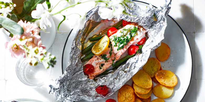 Zalmpakketje met kruidenboter en sperziebonen 