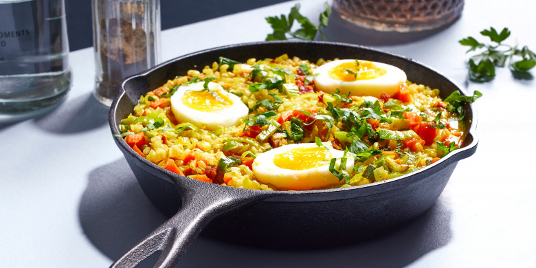 Kedgeree met spek en zachtgekookt ei 