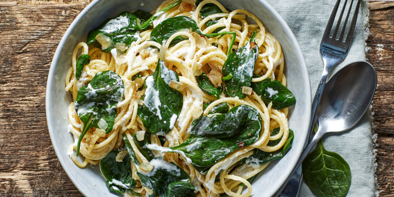Spaghetti à la crème met spinazie 