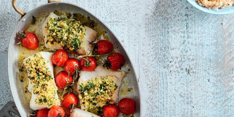 Kabeljauw met kruidenkorst en gegrilde tomaatjes 