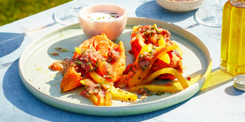 Gepofte zoete aardappel en paprika 