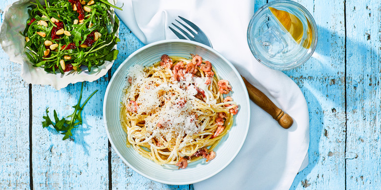 Spaghetti met citroensaus en Hollandse garnalen 