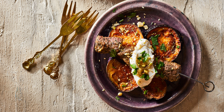 Kebab en gefrituurde aubergine