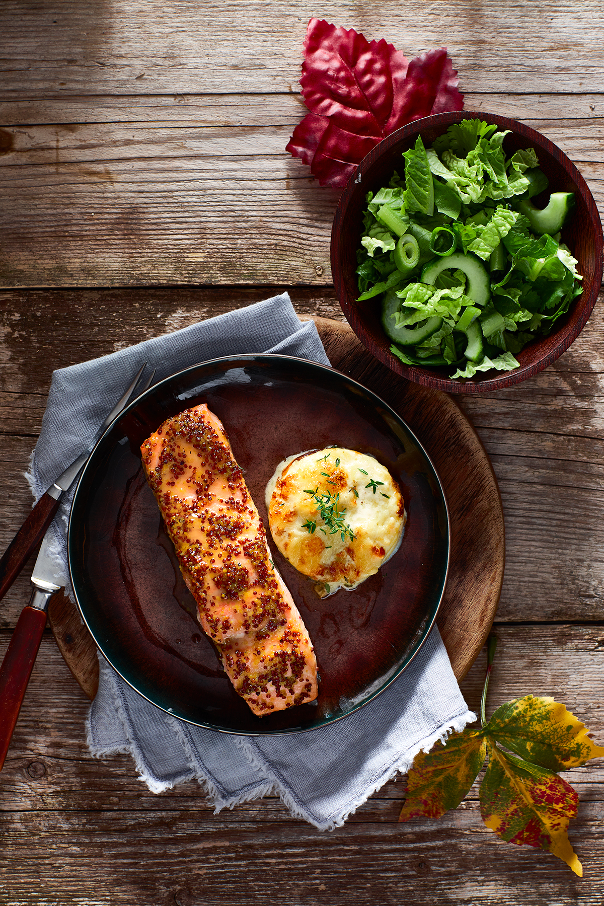 Geglaceerde zalm met aardappelgratin