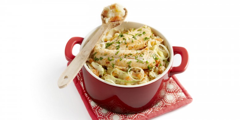 Hutspot met prei en gebakken vis