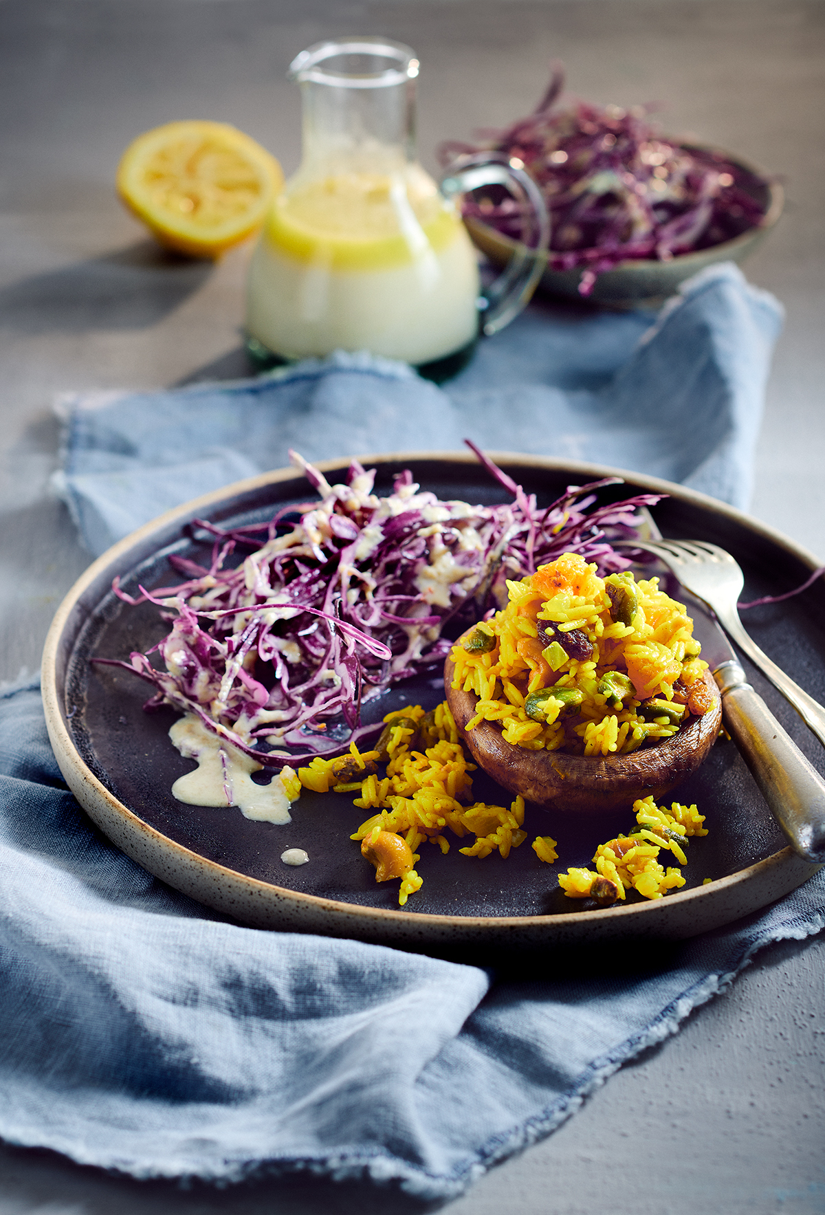 Pilav-portobello's met rodekoolsalade