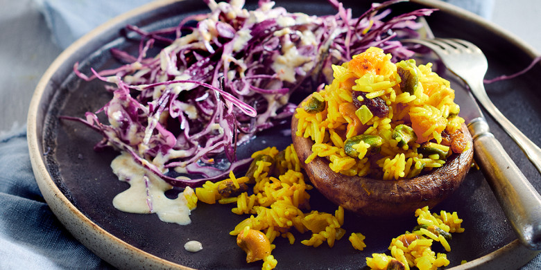 Pilav-portobello's met rodekoolsalade