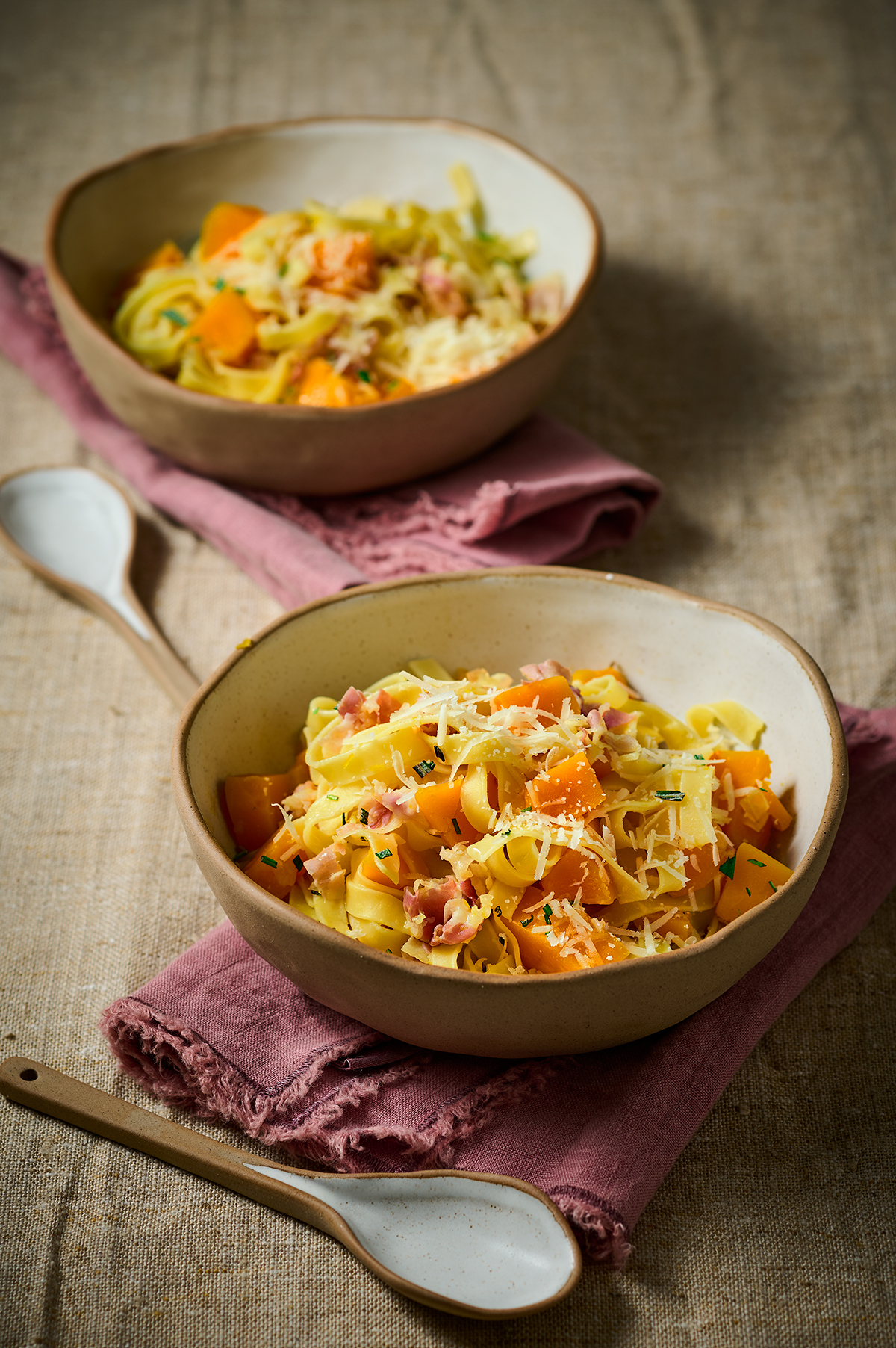 Tagliatelle met pompoen en pancetta